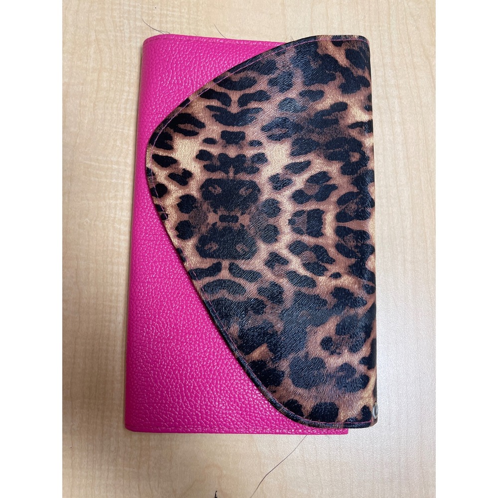 Pink Faux Leather Leopard Print Asymmetrical Flap Clutch Wallet with Grommets